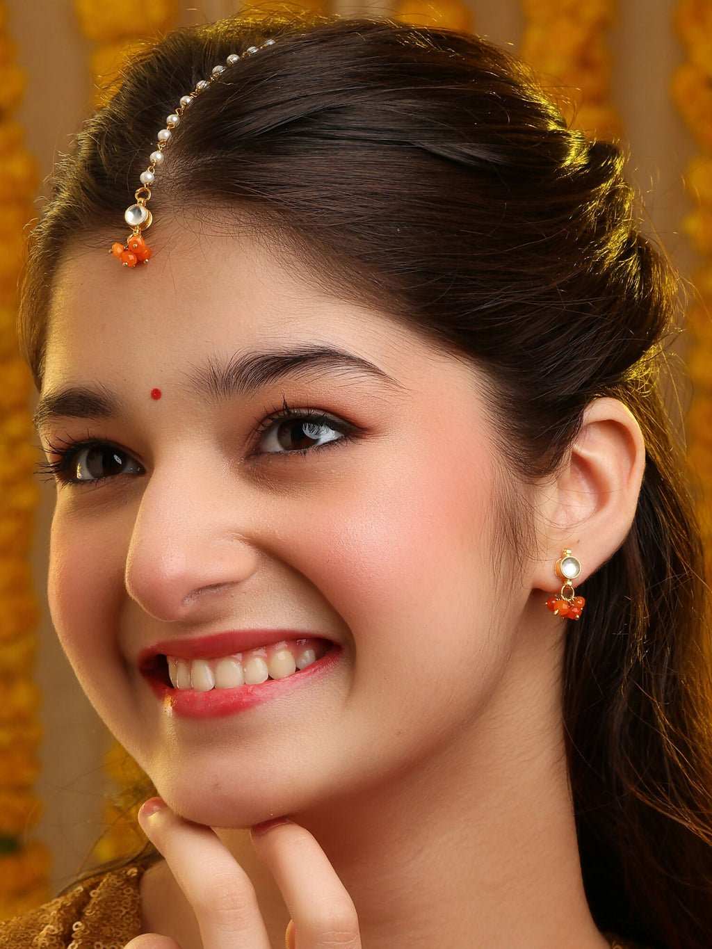 Ruby Raang Mannat Set Of 2 - Orange Embedded Maang Tikka And Earrings - Distacart
