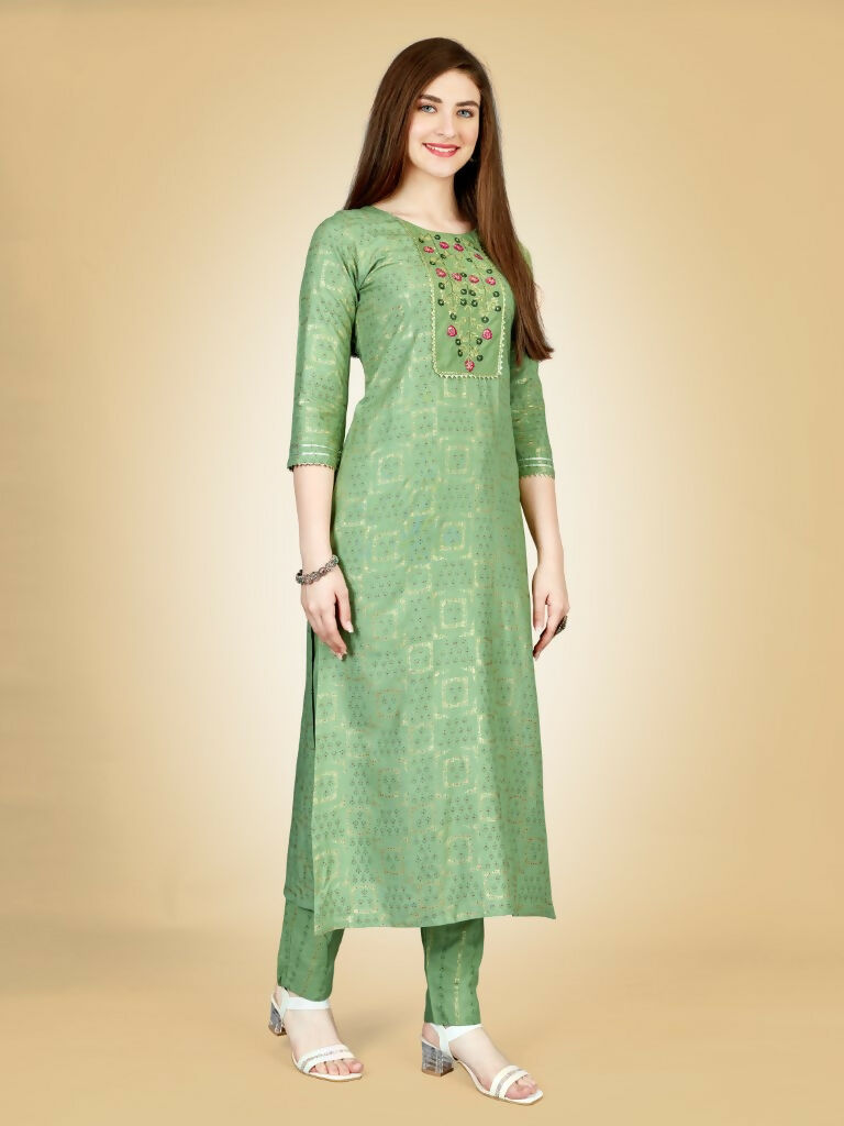 Jyoti Fashion Women's Sea Green Viscose Rayon Embroidered Kurta Pant Set