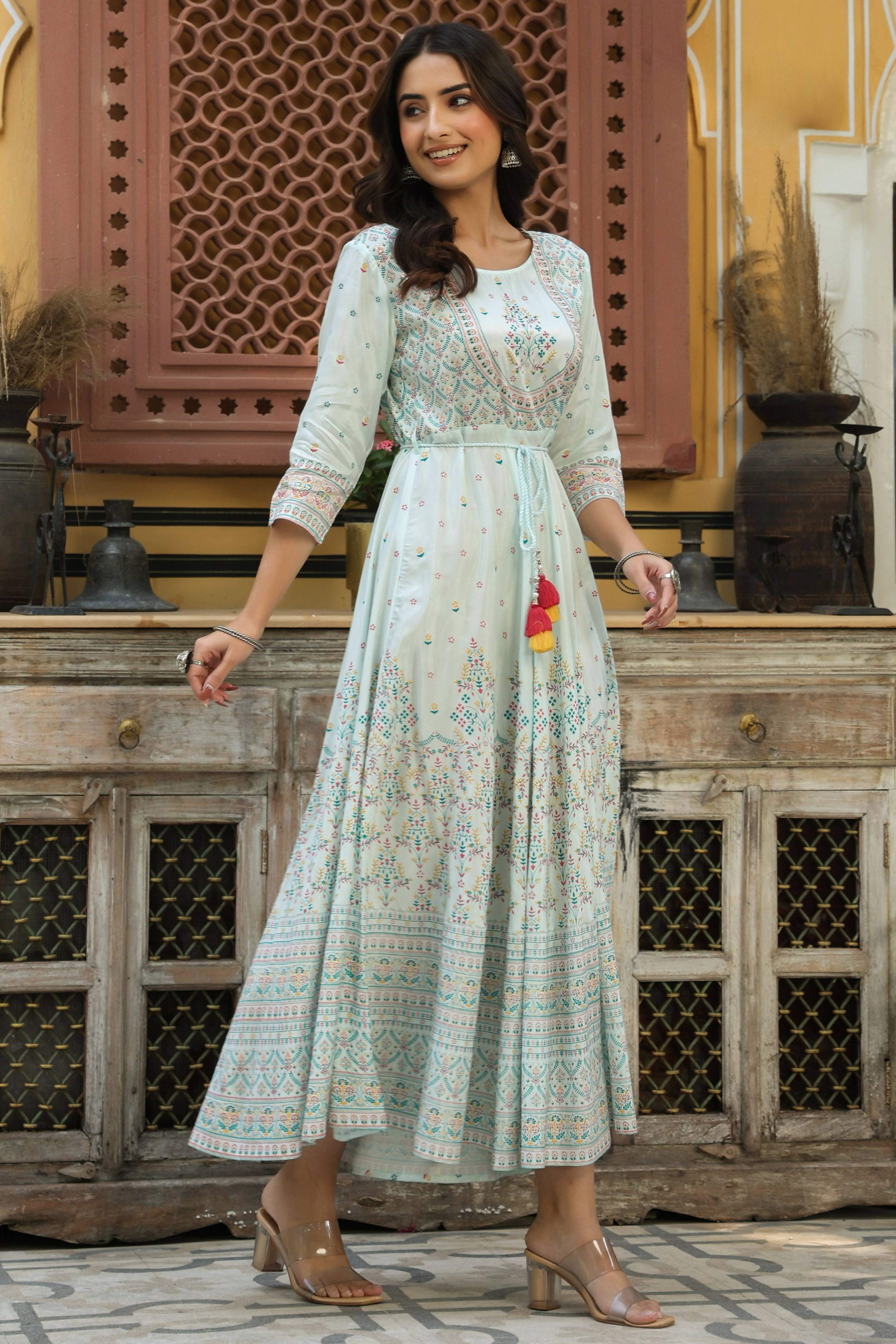 Juniper Women's Skyblue Viscose Shantoon Festive Printed Flared Dress - Distacart