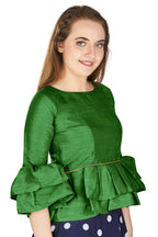 Aastha Fashion Women's Mehendi Art Silk Bell Sleeves attire with Poly Cotton Lining Blouse