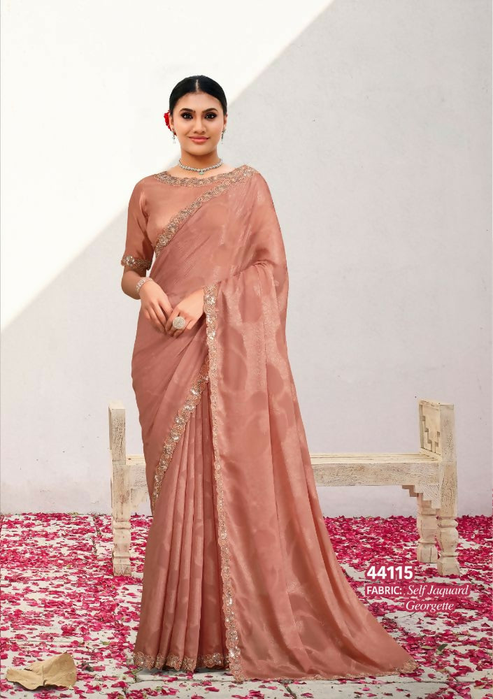 Peach Self Jaquard Georgette Saree with Unstitched Blouse - Norita Varya
