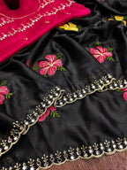 Teeya Creation Black Rangoli Silk Embroidery Work Party Wear Designer Saree - Distacart