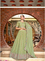 Green Chinon Crushed Sequence and Thread Embroidery Work Lehenga Choli with Dupatta - Viharini