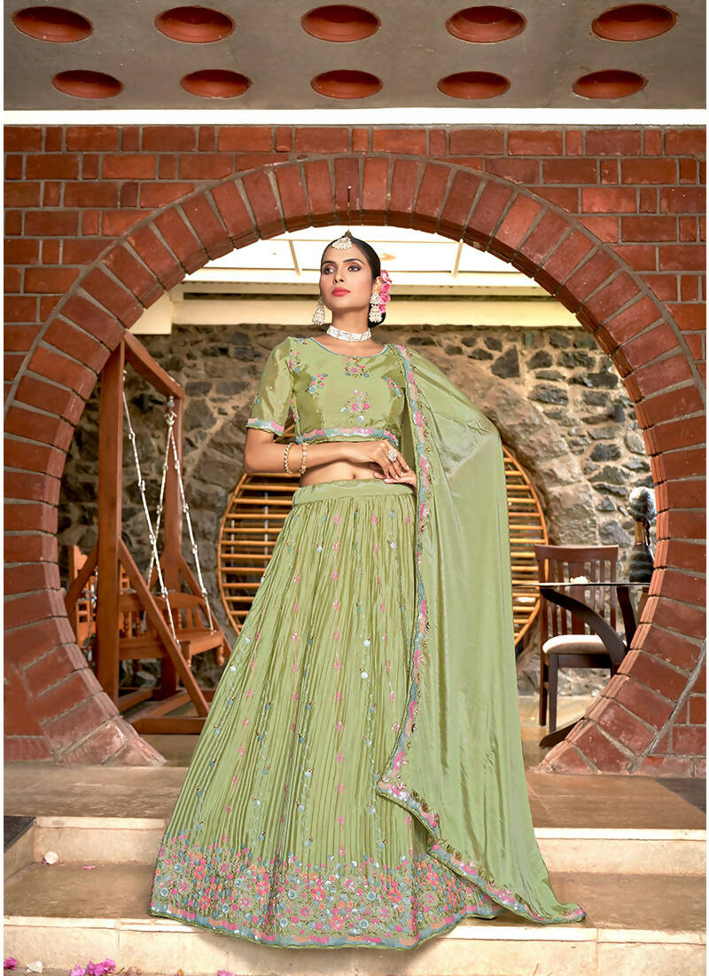 Green Chinon Crushed Sequence and Thread Embroidery Work Lehenga Choli with Dupatta - Viharini