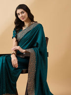 Teal Silk Blend Embroidered Saree with Unstitched Blouse - Vairagi