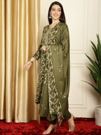 Jyoti Fashion Women's Green Pashmina Floral Digital Printed Kurta with Trouser & Dupatta