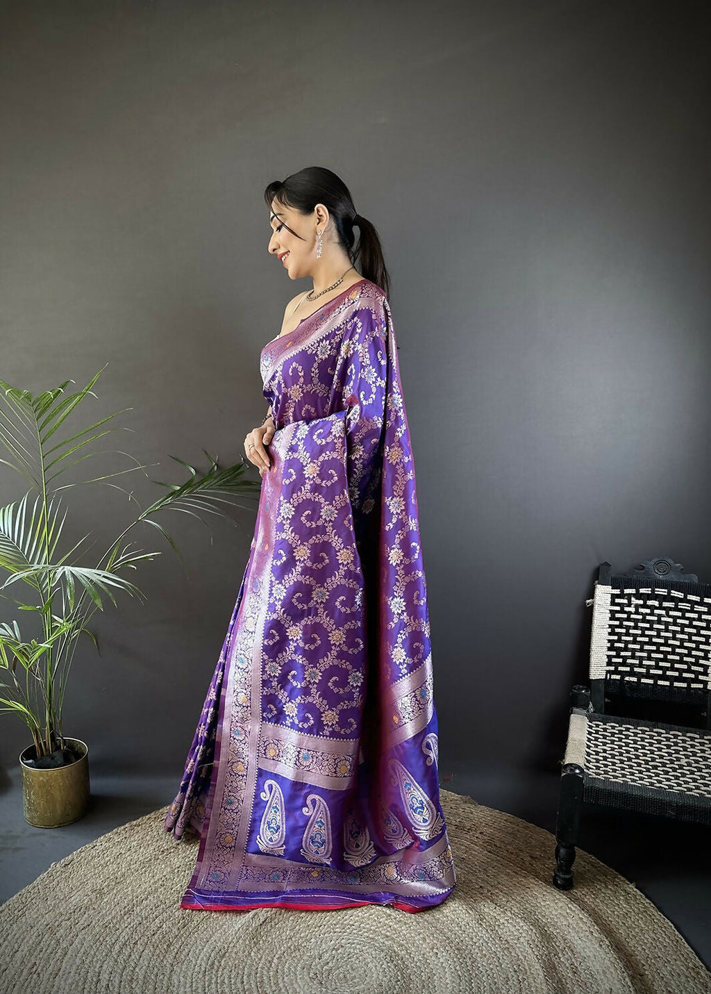 Joban Fashion Purple Meenakari Banarasi Silk Sarees