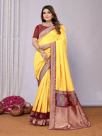 Yellow Silk Georgette Cord And Sequins Embroidery Laser Cut Applique Work Saree - Norita Saumya
