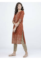 Indian Clothing Cheera Embellished Daily Wear Cotton Blend Kurta - Brown