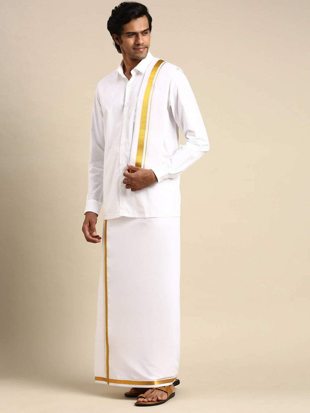 Ramraj Cotton Mens Premium Wedding Cotton White Dhoti with shirt Bit & Towel Set