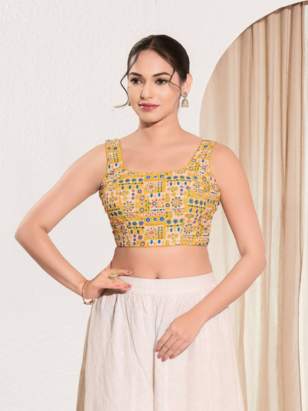 Joban Fashion Yellow Viscose Rayon Padded Blouse With Square Neck Sleeveless