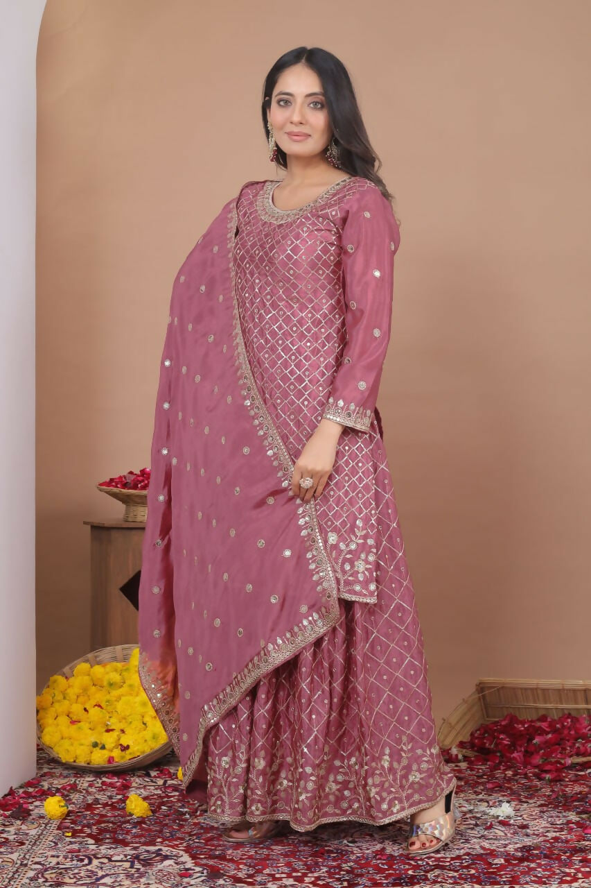 Teeya Creation Dark Onion Color Chinon Silk Wedding Wear Trending Palazzo Set - Distacart