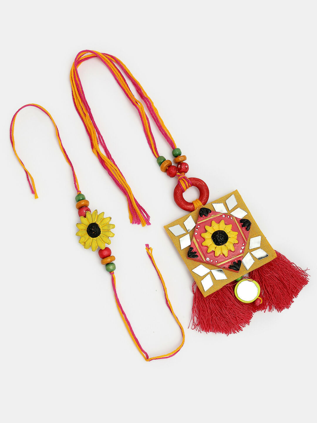 NVR Women & Men Set of 2 Red & Yellow Mirror Work Handcrafted Bhaiya Bhabi Rakhi With Roli Chawal - Distacart