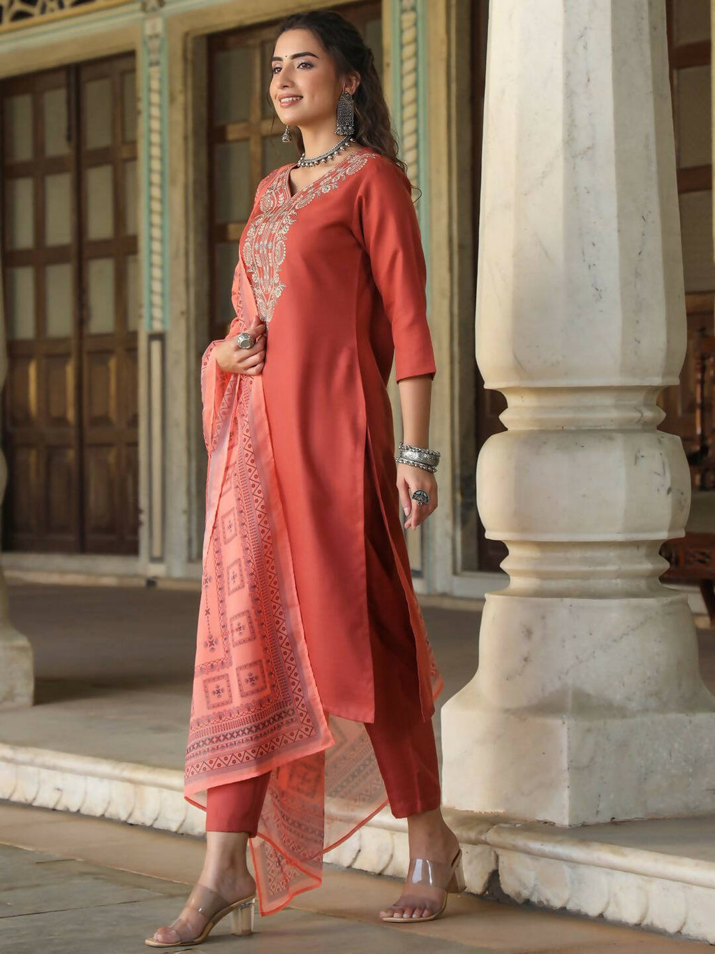 Juniper Women's Rust Silk Solid Embroidered Kurta Set - Distacart