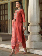Juniper Women's Rust Silk Solid Embroidered Kurta Set - Distacart