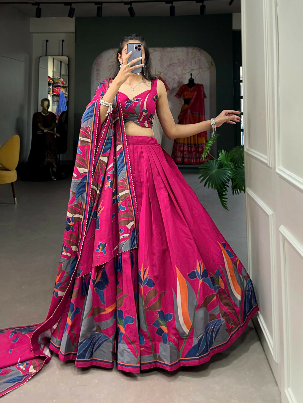 Vastranavya Fancy Floral Print With Foil Work Polyester Viscose Chanderi Lehenga Choli - Rani Pink