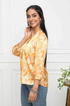 Myshka Women Floral V-Neck Regular Sleeves Polyester Mustard Top - Distacart