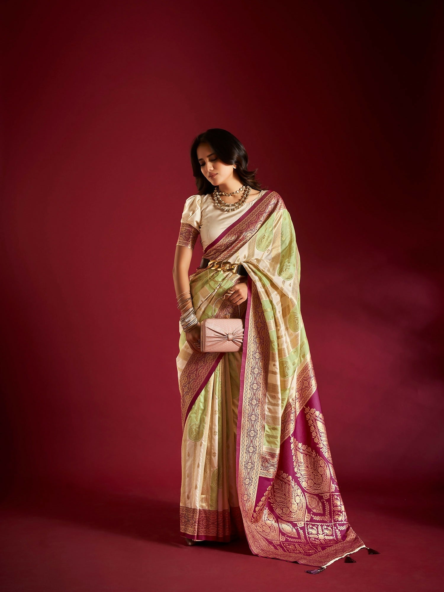 Joban Fashion Cream & Parrot Green Plain With Weaving Border Banarasi Silk Sarees