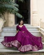 Lorenvalley Wine Pure Chanderi Plain With Zari Weaving Work Border Lehenga Choli