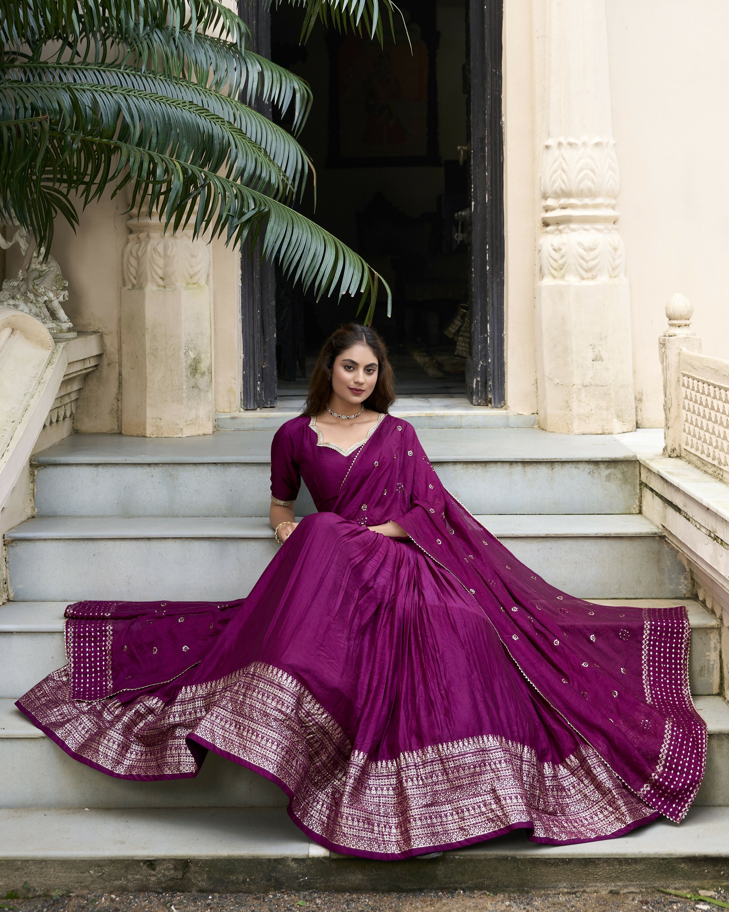 Lorenvalley Wine Pure Chanderi Plain With Zari Weaving Work Border Lehenga Choli