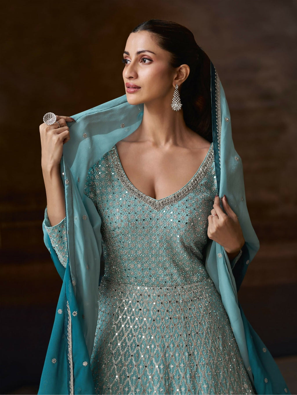 Anaita Blue Real Georgette Stitched Anarkali Suit with Embroidery & Sequence Work - Distacart