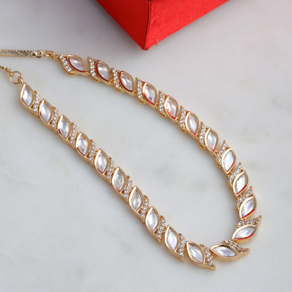Leaf Shaped Neckpiece in Kundan and American Diamonds (Gold) - Ruby Raang