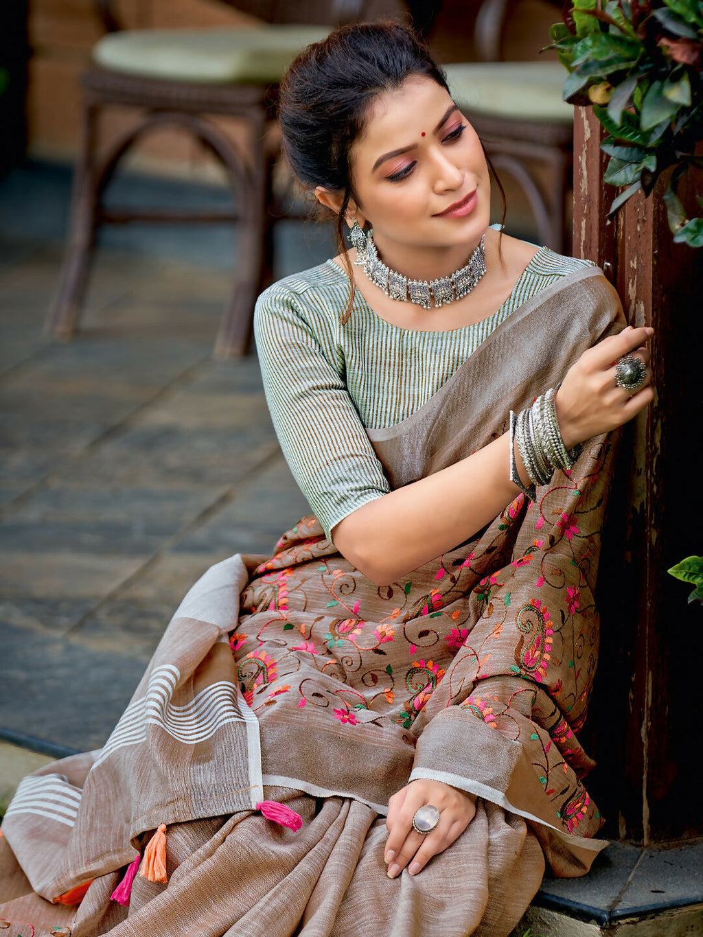 Shree Shyam Fashion Linen Brown Saree - Distacart