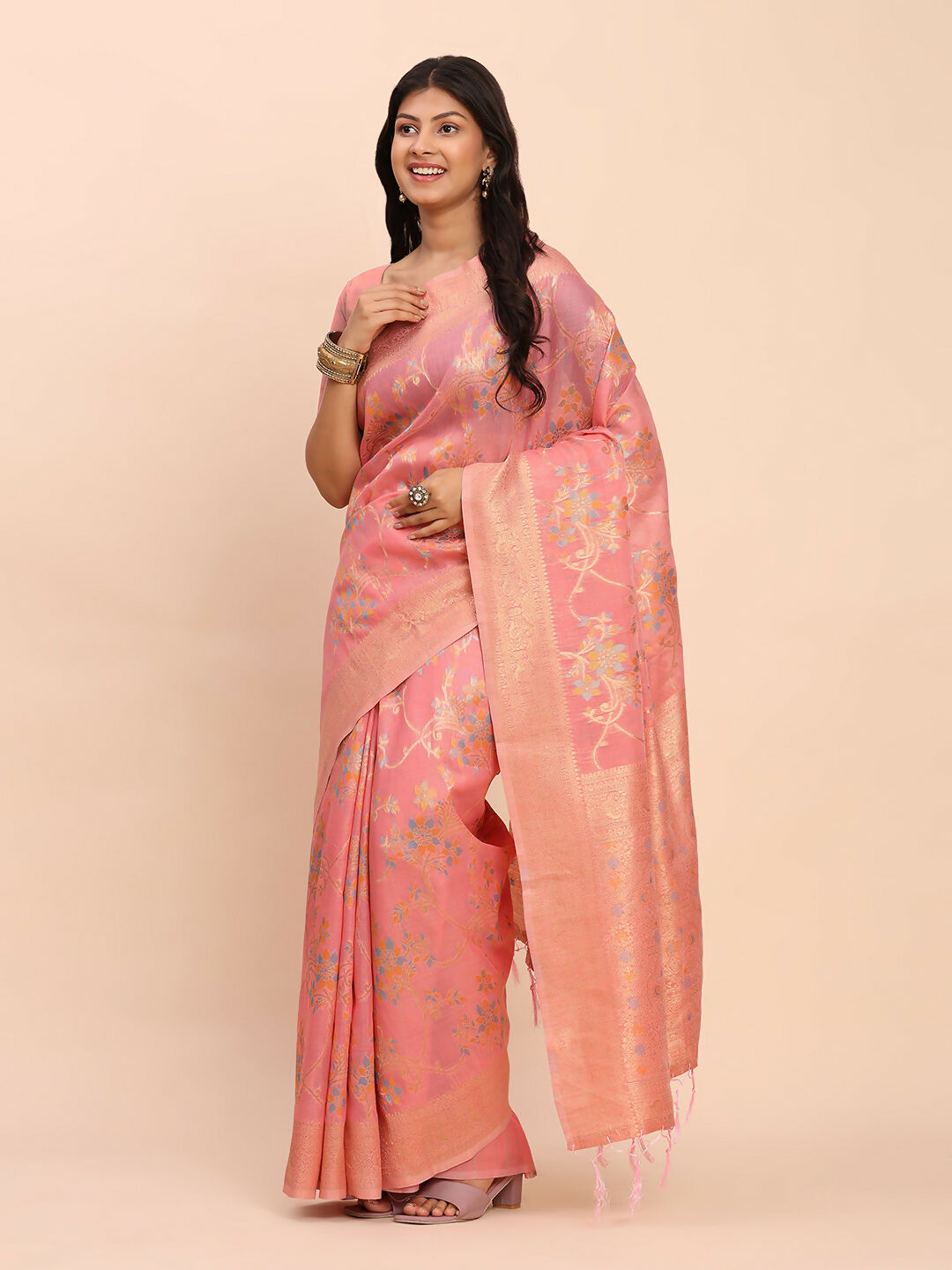 Shree Shyam Fashion Linen Cotton Peach Saree - Distacart
