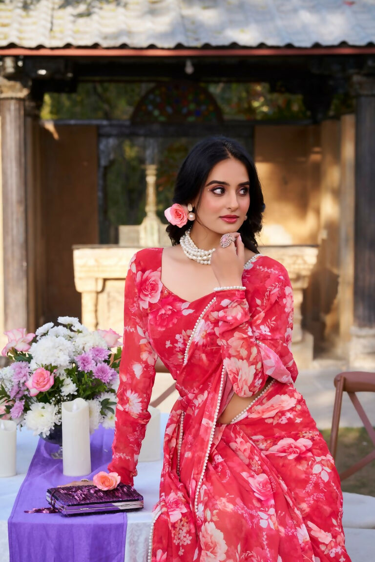 Vastranavya Red Weightless Marble Printed & Pearl Lace Border Saree with Unstitched Blouse
