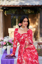 Vastranavya Red Weightless Marble Printed & Pearl Lace Border Saree with Unstitched Blouse