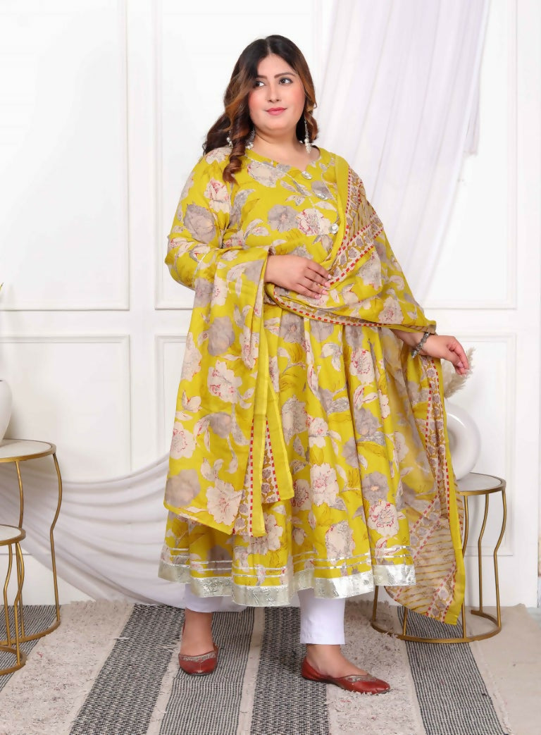 Miravan Women's Plus Size Cotton Gota Patti And Lace Border Details Floral Printed Yellow Anarkali Kurta And Dupatta Set