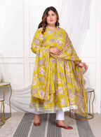 Miravan Women's Plus Size Cotton Gota Patti And Lace Border Details Floral Printed Yellow Anarkali Kurta And Dupatta Set