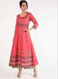 Cheera Women Stylish Hand Block Printed Cotton Blend Flared Kurta - Peach