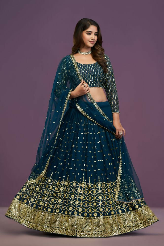 Blue Georgette Embroidery Sequence Work Lehenga Choli Set - Jihu Culture