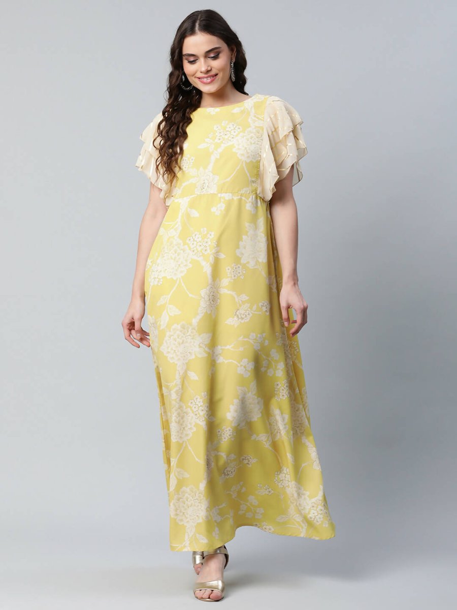 Ahalyaa Womens Lemon Yellow Crepe Floral Dress - Distacart
