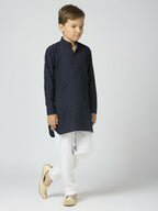Joban Fashion Kids Island Full Sleeves Texture Cotton Kurta and Pyjama Set - Navy Blue
