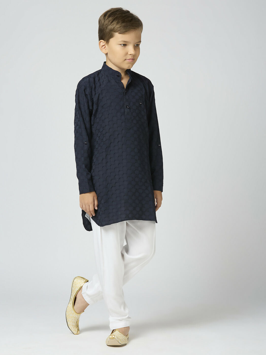 Joban Fashion Kids Island Full Sleeves Texture Cotton Kurta and Pyjama Set - Navy Blue
