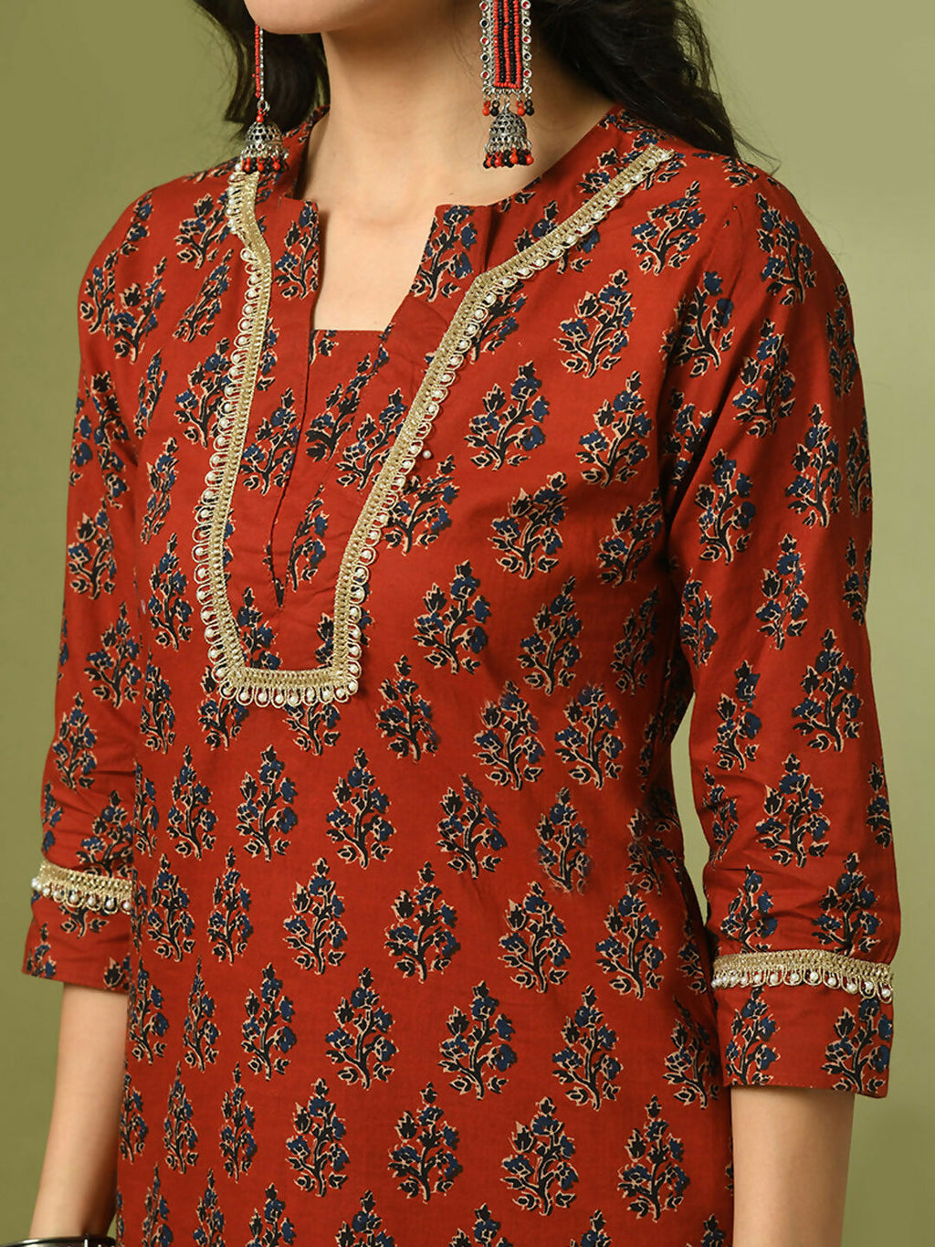 Myshka Women's Rust Printed Cotton Straight Party Kurta Set