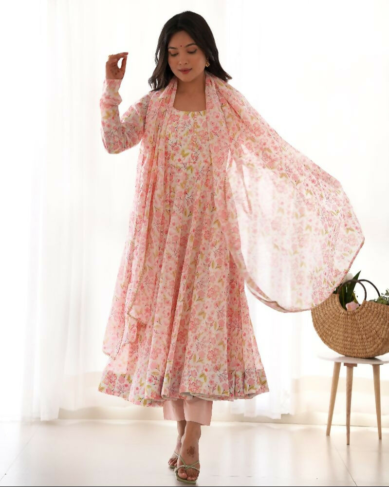 Joban Fashion Peach Kurta Set Organza Sequin Embroidery Work - Distacart