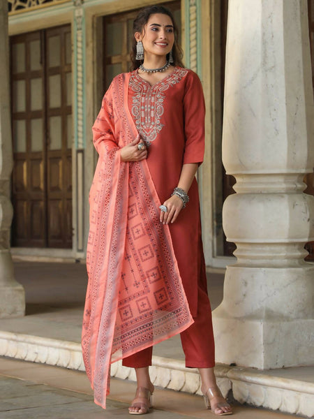 Juniper Women's Rust Silk Solid Embroidered Kurta Set