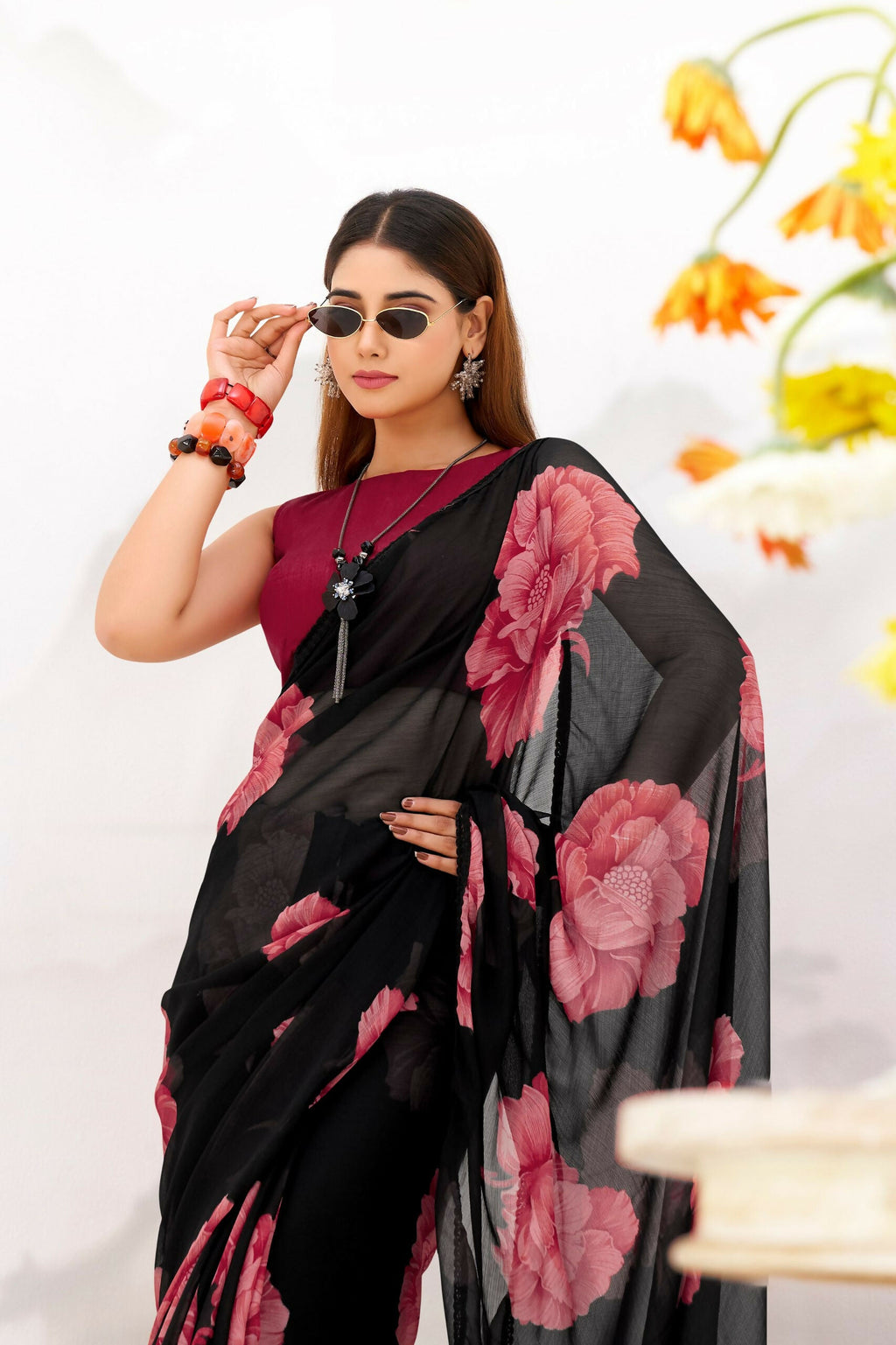 Vastranavya Black Floral Print with Lace Border work Chiffon Saree & Unstitched Blouse - Distacart