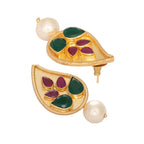 Nuyug 22K Gold Plated Emarald Stone Studded Contemporary Petal Shaped Pearl Drop Stud Earrings - Distacart