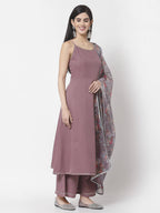 Myshka Women Mauve Silk Blend Solid Sleeveless Round Neck Neck Kurta Palazzo Dupatta Set