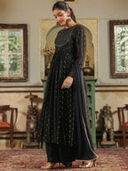 Janasya Black Georgette Foil Print Kurta,Bottom & Dupatta