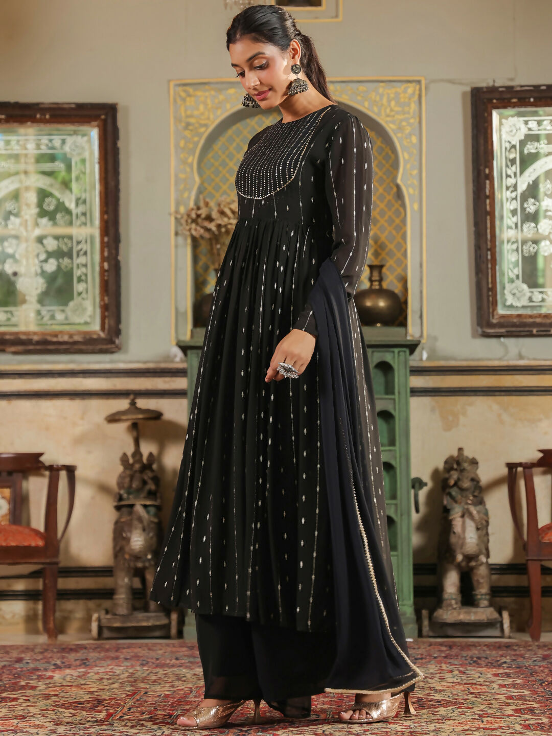 Janasya Black Georgette Foil Print Kurta,Bottom & Dupatta
