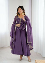 The52 Women's Beautiful Embroidery Work Crunchy Silk Fabric Flared Anarkali Pant and Dupatta Set - Distacart