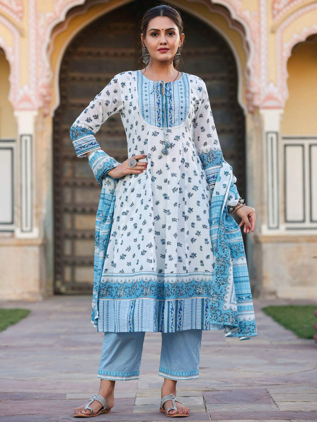 Juniper Women's White Cotton Voile Floral Printed Kurta With Cambric Straight Pant And Voile Duptta - Distacart