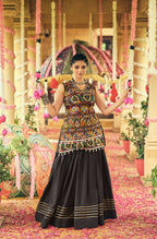 Teeya Creation Black Colour Rayon Silk Embroidery Work Fully Stitched Navratri Lehenga