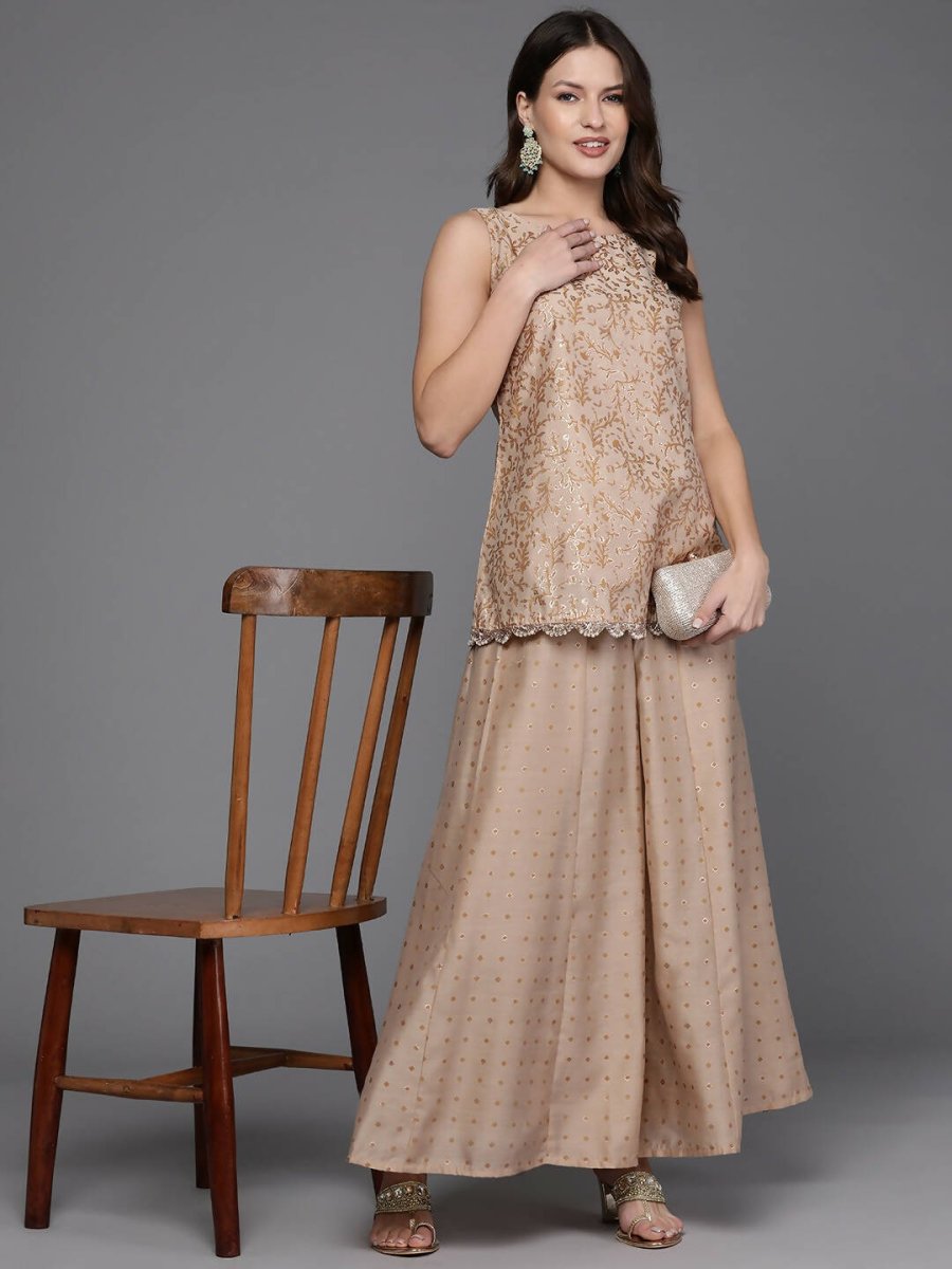 Ahalyaa Women Floral Printed Top with Palazzos - Tan Color