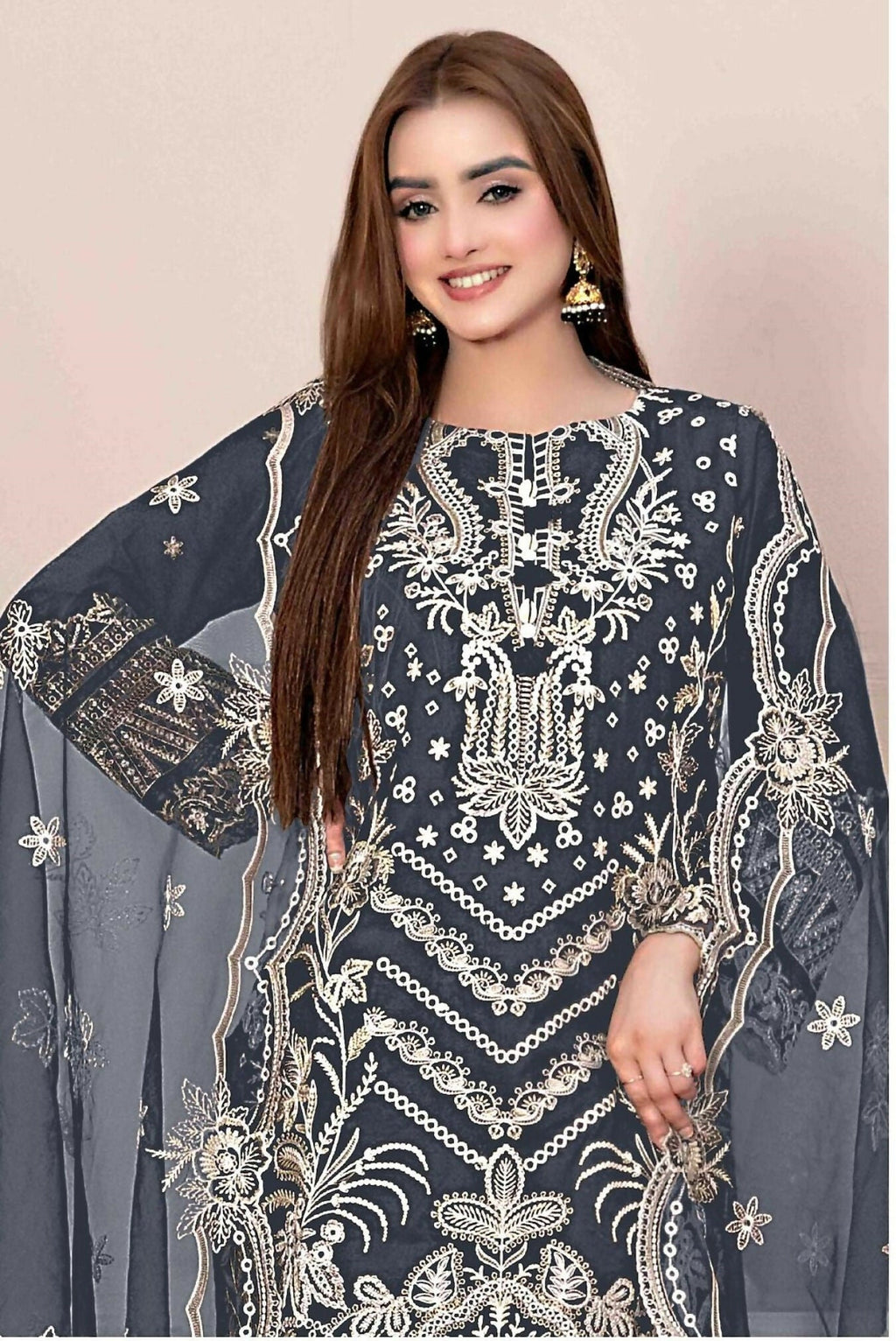 Anaita Grey Faux Georgette Stitched Suit with Embroidery Work - Distacart